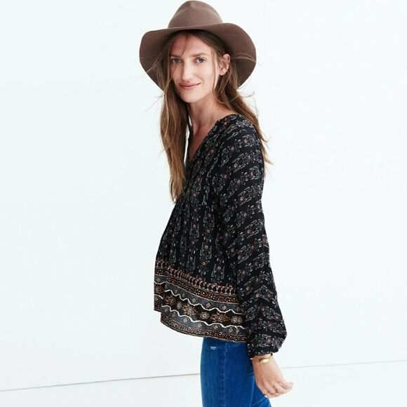 Madewell Silk Floral Bohemian Western Ranch Prairiecore Preppy Whimsigoth Top L  - Picture 12 of 12